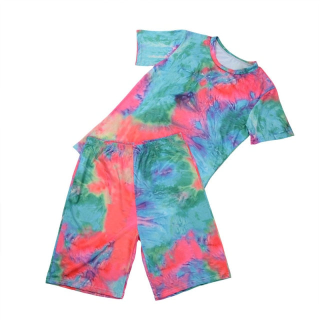 Women Tie Dye Sports Clothing Sets Lady Pullover Short Sleeve O Neck T Shirt Top + High Waist Knee Length Shorts