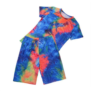 Women Tie Dye Sports Clothing Sets Lady Pullover Short Sleeve O Neck T Shirt Top + High Waist Knee Length Shorts