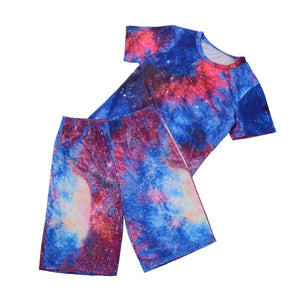 Women Tie Dye Sports Clothing Sets Lady Pullover Short Sleeve O Neck T Shirt Top + High Waist Knee Length Shorts