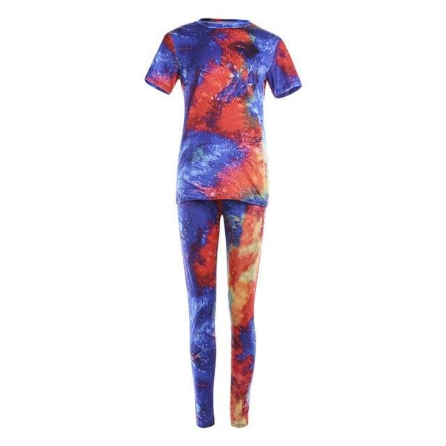 Women Tie Dye Sports Clothing Sets Lady Pullover Short Sleeve O Neck T Shirt Top + High Waist Knee Length Shorts