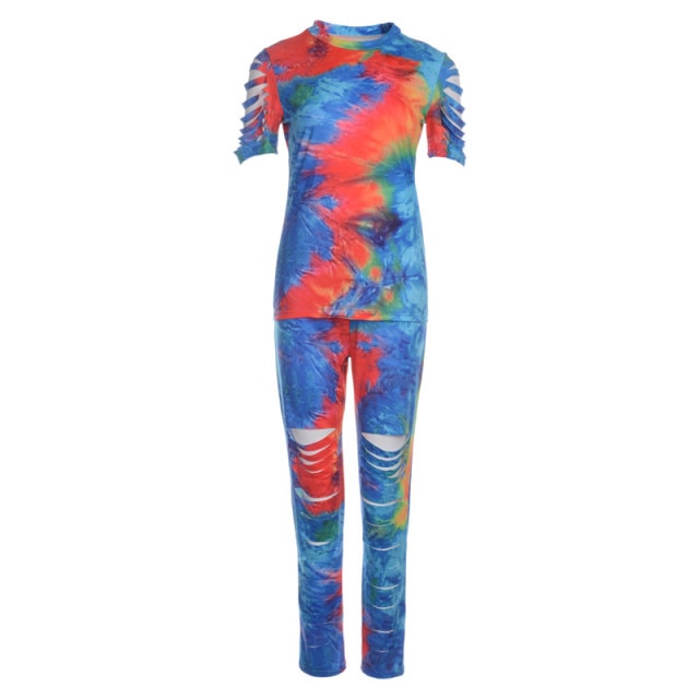 Women Tie Dye Sports Clothing Sets Lady Pullover Short Sleeve O Neck T Shirt Top + High Waist Knee Length Shorts