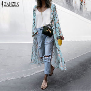 Bohemian Floral Printed Shirt Kimono ZANZEA Summer Beach Cardigan Women Open Front Long Sleeve Casual Blouse Vintage Long Tops