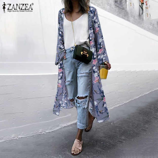 Bohemian Floral Printed Shirt Kimono ZANZEA Summer Beach Cardigan Women Open Front Long Sleeve Casual Blouse Vintage Long Tops