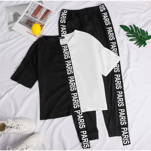 Letter Pint Off Shoulder Tracksuit Women Two Piece Set Summer Clothes Short Sleeve Colorblock Top Pants Suit Women's Sets Outfit