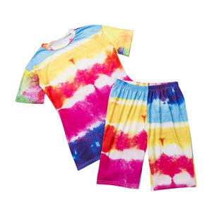 Women Tie Dye Sports Clothing Sets Lady Pullover Short Sleeve O Neck T Shirt Top + High Waist Knee Length Shorts