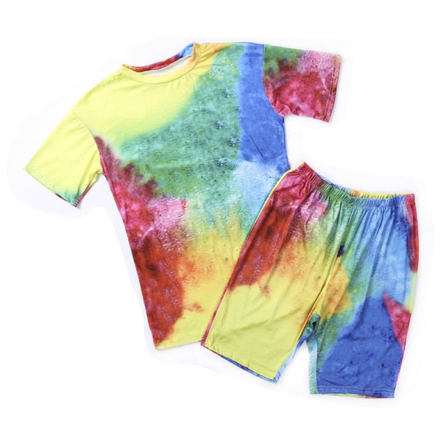 Women Tie Dye Sports Clothing Sets Lady Pullover Short Sleeve O Neck T Shirt Top + High Waist Knee Length Shorts