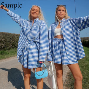 Sampic Loung Wear Tracksuit Women Shorts Set Stripe Long Sleeve Shirt Tops And Loose High Waisted Mini Shorts Two Piece Set 2021