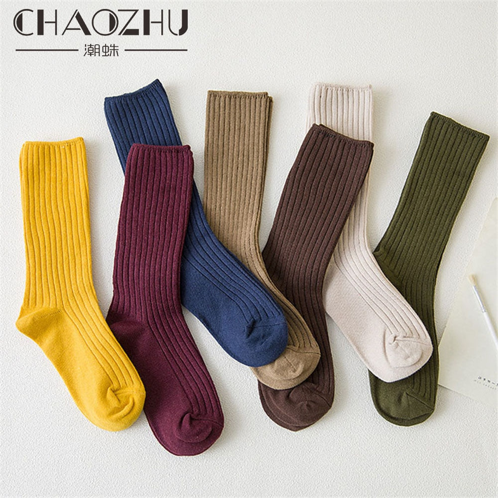 CHAOZHU Classic New Loose Socks Women 200 Needles Cotton Knitting Rib Solid Colors 14 Kinds of 4 Seasons Basic Daily Women Socks