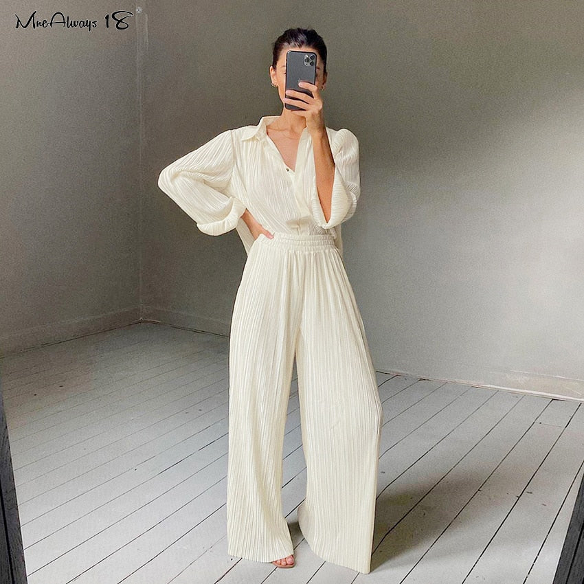 Mnealways18 Beige Pleated Wide Leg Pants Womens Pants Fashion 2021 Casual Loose Trousers Office Lady Elegant Long Palazzo Pants