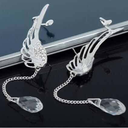 2021 New Silver Plated Angel Wing Stylist Crystal Earrings Drop Dangle Ear Stud For Women Long Cuff Earring Bohemia Jewelrys