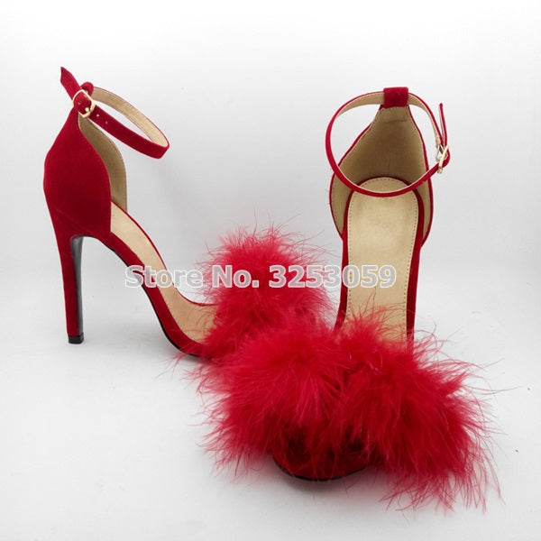 Exquisite Red Black Suede Fur Sandals Sweet Girls Stiletto Heels Fluffy Wedding Pumps Buckle Strap Shoes Dropship Pom Pom Shoes