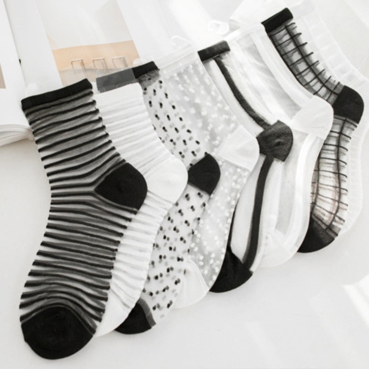 Sexy Lace Mesh Fishnet Socks Mixed Fiber Transparent Stretch Elasticity Ankle Net Yarn Thin Women Cool Socks 1pair=2pcs ws403