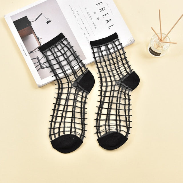 Sexy Lace Mesh Fishnet Socks Mixed Fiber Transparent Stretch Elasticity Ankle Net Yarn Thin Women Cool Socks 1pair=2pcs ws403