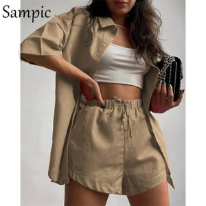 Sampic Loung Wear Tracksuit Women Shorts Set Stripe Long Sleeve Shirt Tops And Loose High Waisted Mini Shorts Two Piece Set 2021