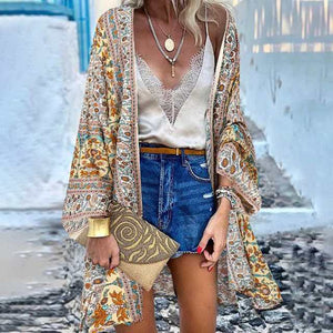 ZANZEA Women Cardigan Summer Open Front Bohemian Floral Printed Blouse Kimono Casual Loose Beach Tops Vintage Long Sleeve Blusas