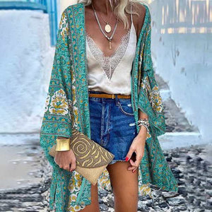 ZANZEA Women Cardigan Summer Open Front Bohemian Floral Printed Blouse Kimono Casual Loose Beach Tops Vintage Long Sleeve Blusas