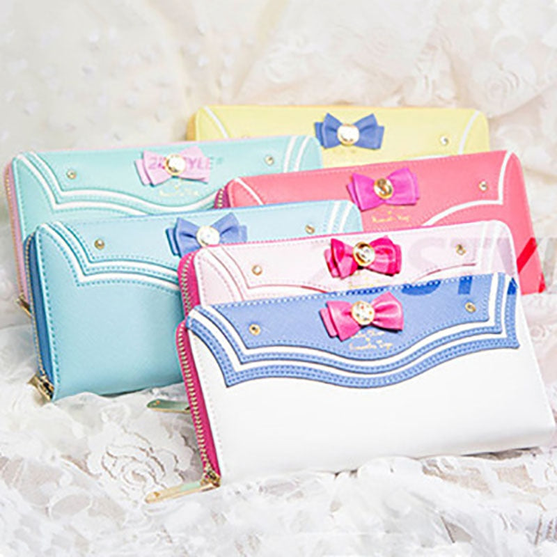 Anime Kawaii  Pearl Bow Designer PU Leather Long Wallet Lady Zipper Purse Lovely Handbag Day Clutch Girlfriend Gifts