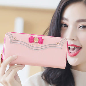 Anime Kawaii  Pearl Bow Designer PU Leather Long Wallet Lady Zipper Purse Lovely Handbag Day Clutch Girlfriend Gifts