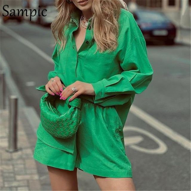 Sampic Loung Wear Tracksuit Women Shorts Set Stripe Long Sleeve Shirt Tops And Loose High Waisted Mini Shorts Two Piece Set 2021