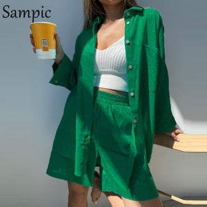 Sampic Loung Wear Tracksuit Women Shorts Set Stripe Long Sleeve Shirt Tops And Loose High Waisted Mini Shorts Two Piece Set 2021