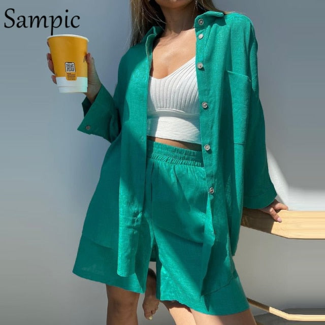 Sampic Loung Wear Tracksuit Women Shorts Set Stripe Long Sleeve Shirt Tops And Loose High Waisted Mini Shorts Two Piece Set 2021