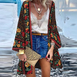 ZANZEA Women Cardigan Summer Open Front Bohemian Floral Printed Blouse Kimono Casual Loose Beach Tops Vintage Long Sleeve Blusas