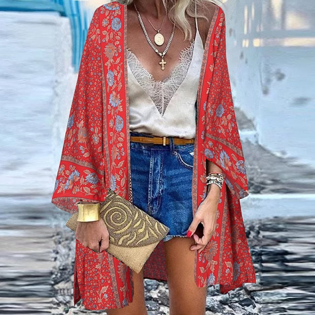 ZANZEA Women Cardigan Summer Open Front Bohemian Floral Printed Blouse Kimono Casual Loose Beach Tops Vintage Long Sleeve Blusas