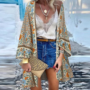 ZANZEA Women Cardigan Summer Open Front Bohemian Floral Printed Blouse Kimono Casual Loose Beach Tops Vintage Long Sleeve Blusas