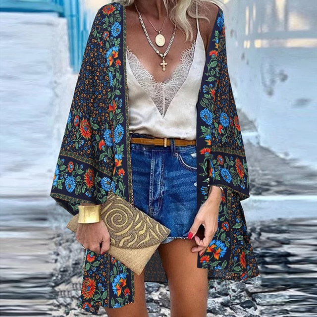 ZANZEA Women Cardigan Summer Open Front Bohemian Floral Printed Blouse Kimono Casual Loose Beach Tops Vintage Long Sleeve Blusas