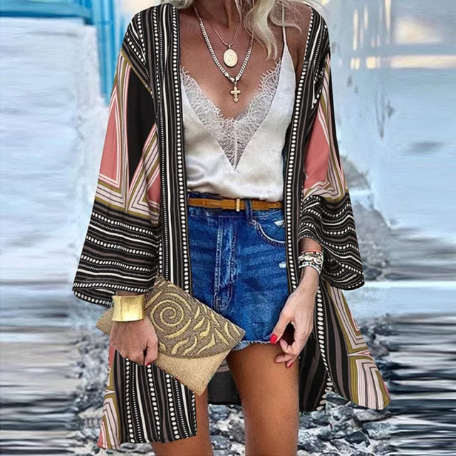 ZANZEA Women Cardigan Summer Open Front Bohemian Floral Printed Blouse Kimono Casual Loose Beach Tops Vintage Long Sleeve Blusas