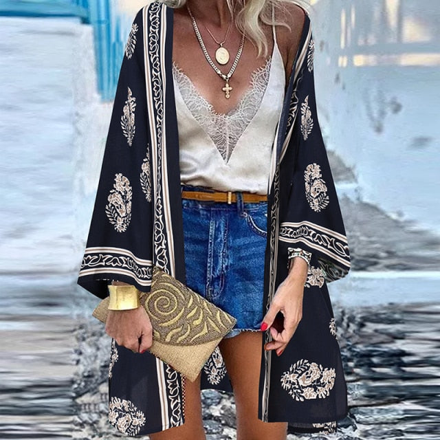 ZANZEA Women Cardigan Summer Open Front Bohemian Floral Printed Blouse Kimono Casual Loose Beach Tops Vintage Long Sleeve Blusas