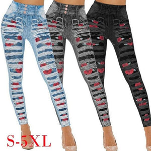 Jeans Leggings  Plus Size Women Yoga Long Leggings Faux Denim Ladies Long Pants Floral Printed High Waist Female Shorts