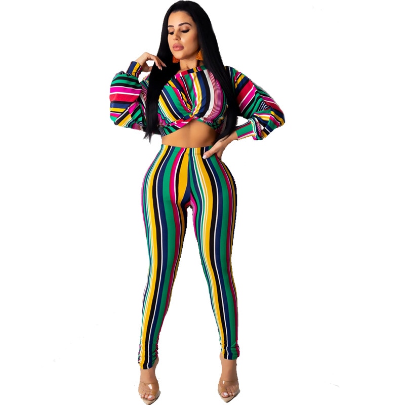 Women Striped Casual Two Piece Set Tracksuit Autumn Winter Crop Top and Pants Set Sweat Suit Bodycon 2 Piece Outfits for Women