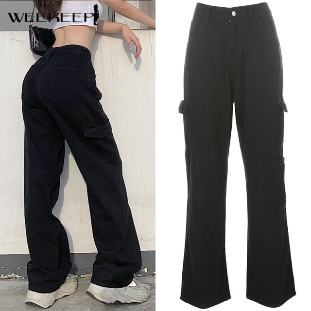 Weekeep Fashion Streetwear Women Jeans Pocket High Waist Jeans Korean Casual Straight Harajuku Denim Pants Baggy New Cargo Pants