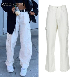 Weekeep Fashion Streetwear Women Jeans Pocket High Waist Jeans Korean Casual Straight Harajuku Denim Pants Baggy New Cargo Pants