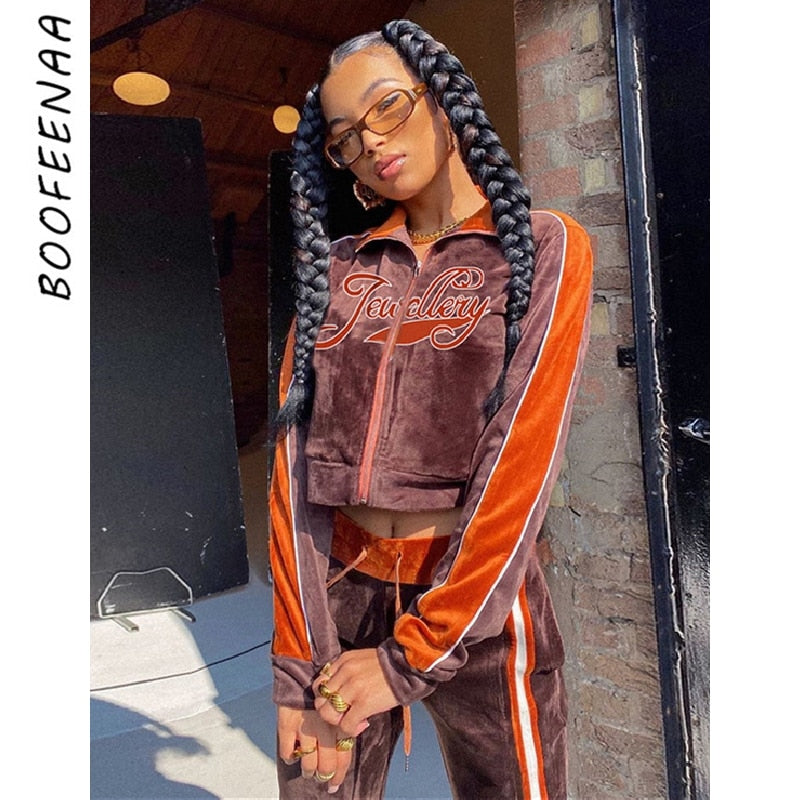 BOOFEENAA Y2k Tracksuit 2 Piece Set Jacket Pants Women Clothes Sweat Suits Women Matching Sets Long Sleeve Outfits C83-HB52
