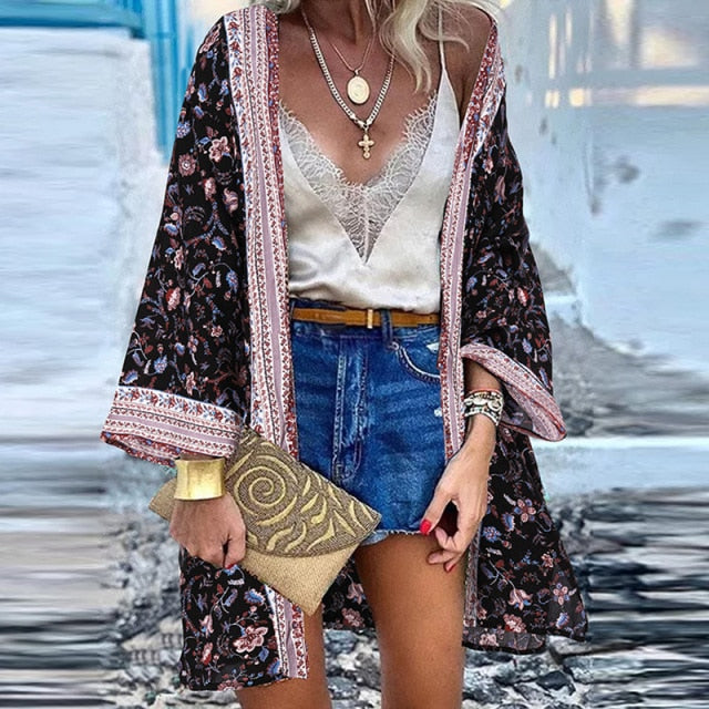 ZANZEA Women Cardigan Summer Open Front Bohemian Floral Printed Blouse Kimono Casual Loose Beach Tops Vintage Long Sleeve Blusas