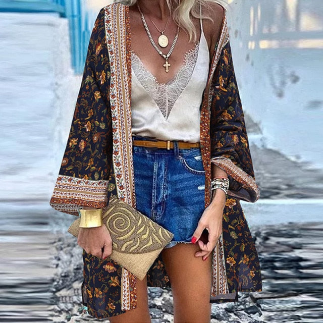 ZANZEA Women Cardigan Summer Open Front Bohemian Floral Printed Blouse Kimono Casual Loose Beach Tops Vintage Long Sleeve Blusas