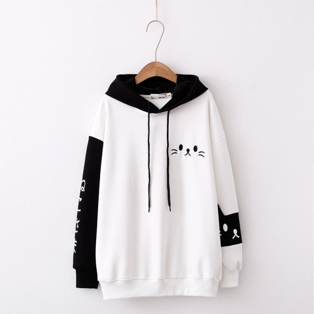 MERRY PRETTY Women Hooded Sweatshirts Fall Winter Long Sleeve Hit Color Pullover Femme Cartoon Cat Embroidery Harajuku Hoodies