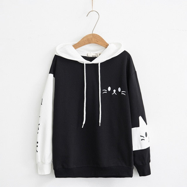 MERRY PRETTY Women Hooded Sweatshirts Fall Winter Long Sleeve Hit Color Pullover Femme Cartoon Cat Embroidery Harajuku Hoodies