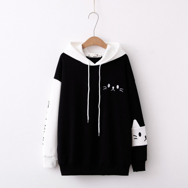 MERRY PRETTY Women Hooded Sweatshirts Fall Winter Long Sleeve Hit Color Pullover Femme Cartoon Cat Embroidery Harajuku Hoodies