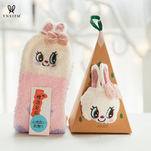 Cute Animal Design Deer Christmas socks Gift 3D Fluffy Coral Velvet Thick Warm Winter Sock For Women new Year gift Sox with Box