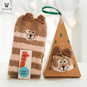 Cute Animal Design Deer Christmas socks Gift 3D Fluffy Coral Velvet Thick Warm Winter Sock For Women new Year gift Sox with Box