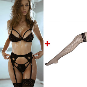 4 Piece Set Underwear Women+Stockings+G-string Plus Size Bras Lenceria Transparente Seamless Sexy Lingerie Femme Push Up Bra Set