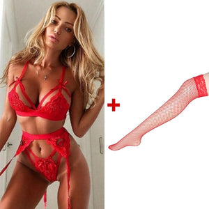 4 Piece Set Underwear Women+Stockings+G-string Plus Size Bras Lenceria Transparente Seamless Sexy Lingerie Femme Push Up Bra Set