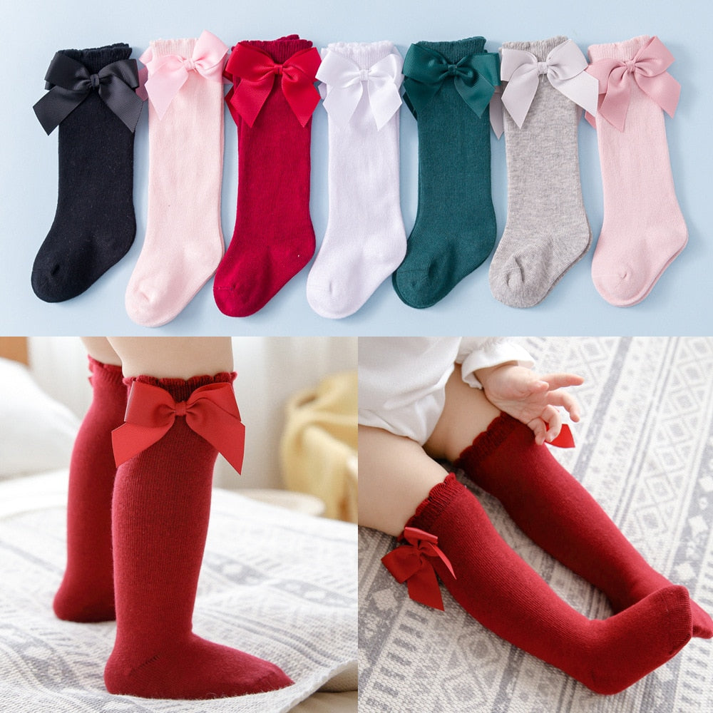 2021 New Kids Socks Toddlers Girls Big Bow Knee High Quality Long Soft Autumn Winter 100% Cotton Lace Baby Tube Sock Calcetines