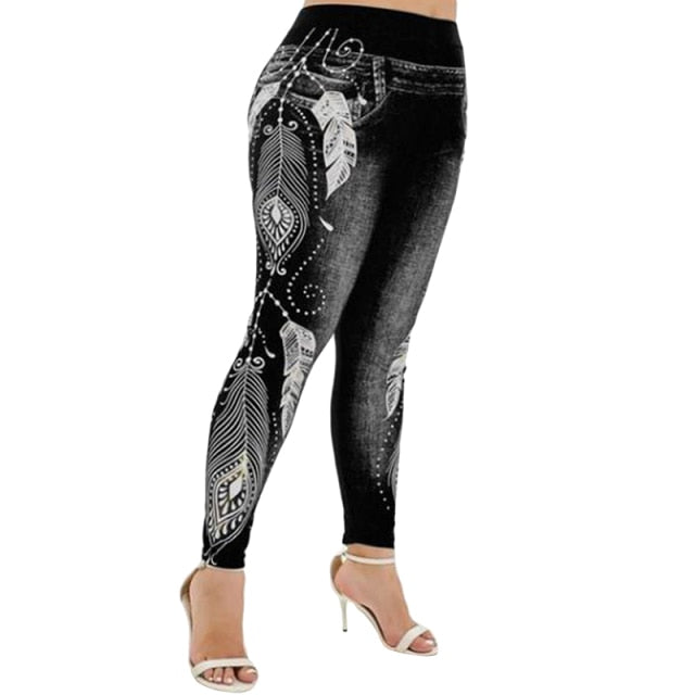 Women High Waist Pants Jeans 3D Printed Fitness Leggings Slimming Leggings Printed Plus Size Denim Jeans Leggings Pocket