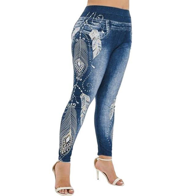 Women High Waist Pants Jeans 3D Printed Fitness Leggings Slimming Leggings Printed Plus Size Denim Jeans Leggings Pocket