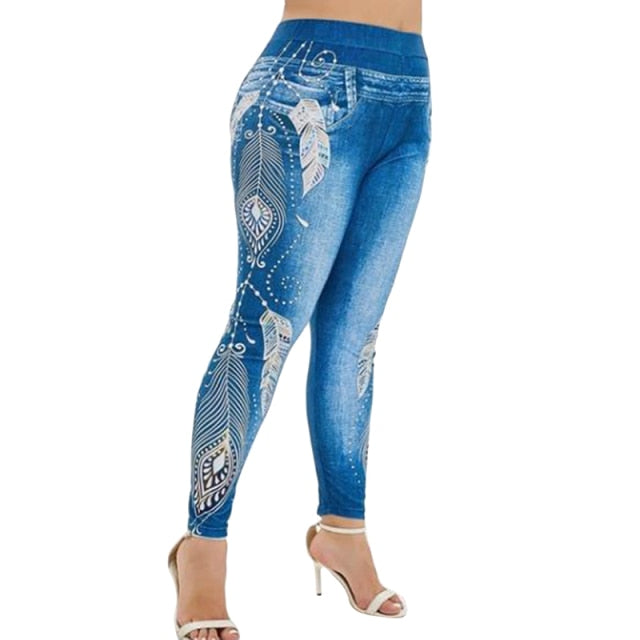 Women High Waist Pants Jeans 3D Printed Fitness Leggings Slimming Leggings Printed Plus Size Denim Jeans Leggings Pocket