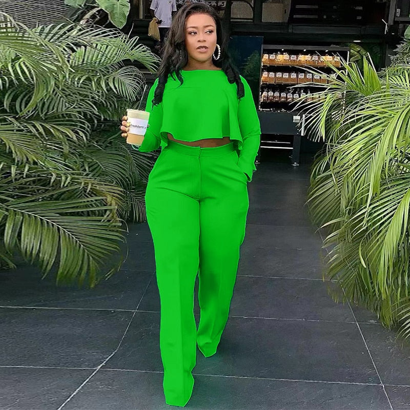 New Women Sets Solid Color Tracksuits Fall Winter Outfits Long Sleeve Crop Top+Wide Leg Pants Two Piece Set Plus Size Sportswear